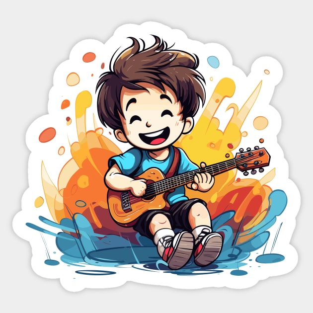 happy kid playing a guitar v5 Sticker by H2Ovib3s